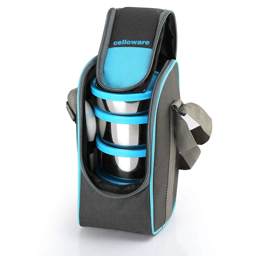 CELLO Steelox Stainless Steel Lunch Box Set of 4 with Bag , Blue | Tiffin Box with Jacket | Leakproof | Easy to Carry | Ideal for Office, School, College